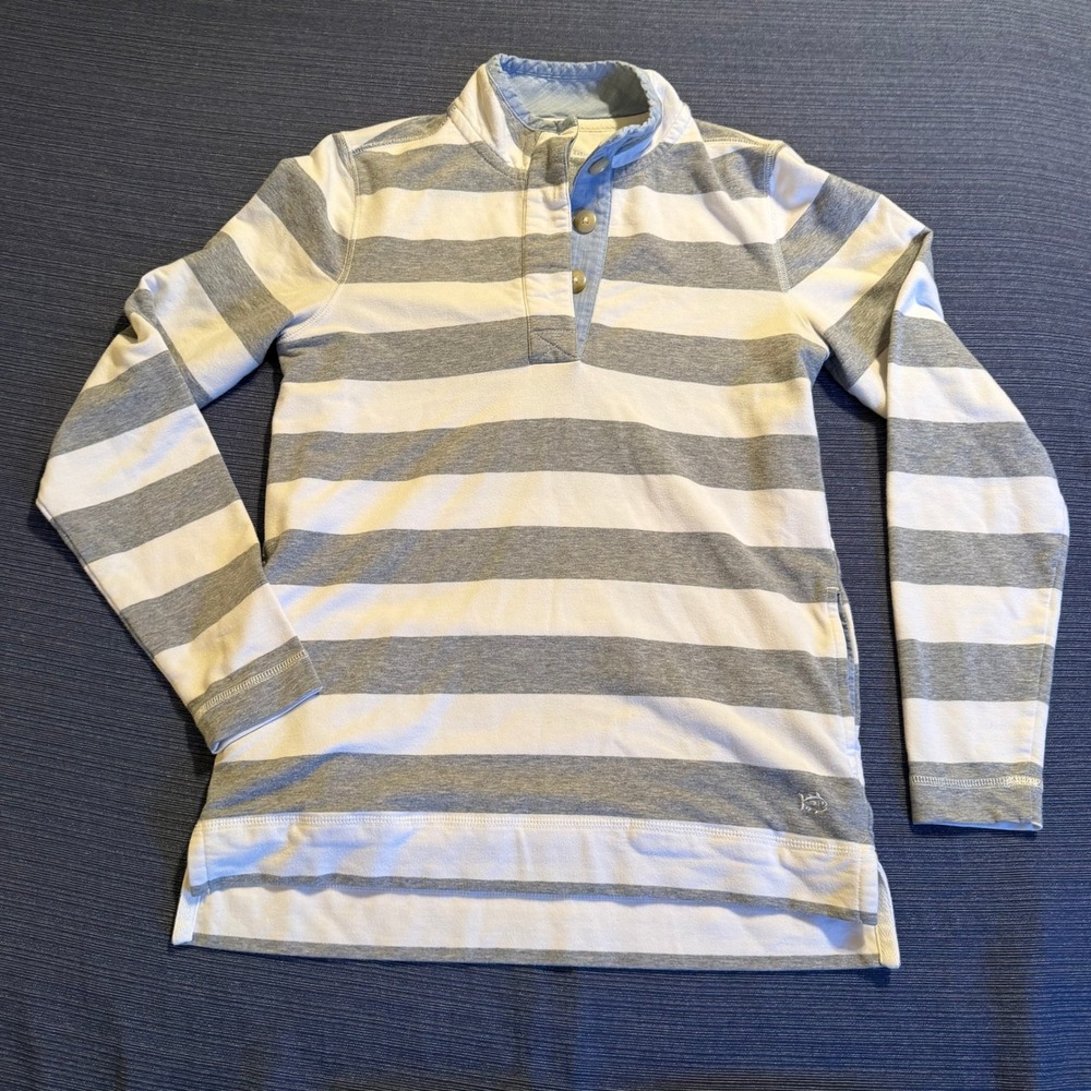 Southern Tide Womens XS Grey White Striped Henley Pullover Long Sleeve Shirt